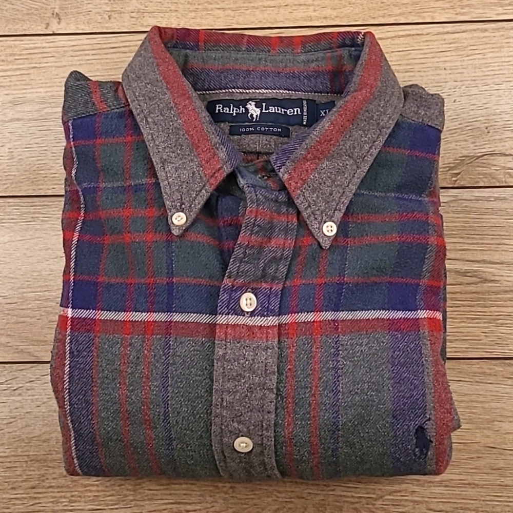RALPH LAUREN‎ Grey Red Navy Flannel Thick Cotton XL Long Sleeve Casual Shirt VTG